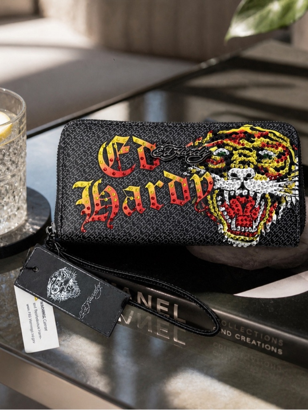 Ed Hardy Rhinestone Tiger Zip Wallet NWT Y2K Gothic Black Wristlet